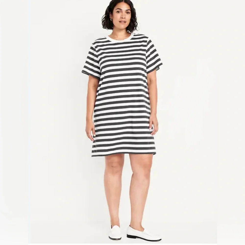 Old Navy VTG crew neck mini t-shirt dress Charcoal & White Striped SZ 2X NWT - Picture 3 of 12